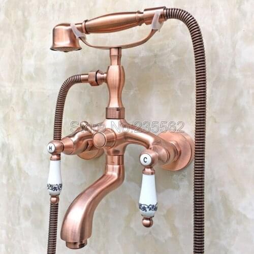 Red Copper Double Handles Wall Mounted Bathroom Claw Foot Tub Faucet Mixer Tap With Handheld Shower