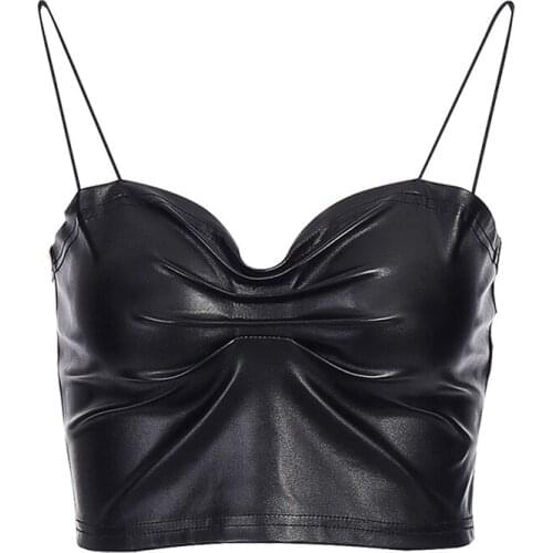 Sexy Club Pu Leather Crop Tops Women Camisole Solid Sleeveless Tube Tops Tank Tops Summer Cropped Top Clothes