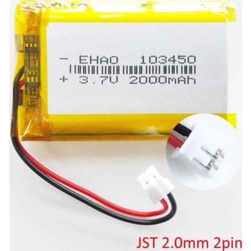 103450 3.7V 2000mAh Lithium Polymer LiPo Rechargeable Battery + JST PH 2.0mm 2PIN plug For DVD PAD camera GPS Speaker laptop
