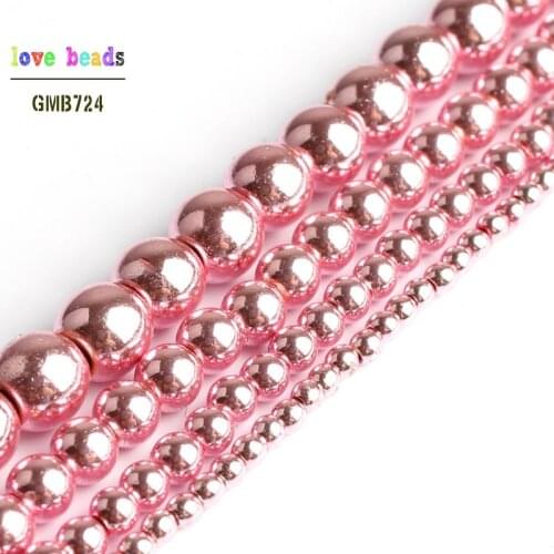 Natural Rose Gold Pink Placted Hematite Stone Round Beads for Jewelry Making DIY Bracelet 15inches Strand 2/3/4/6/8/10mm