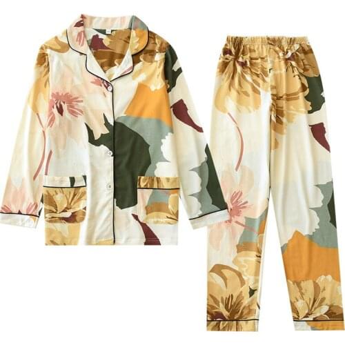 Autumn New Cotton Floral Printing Pajamas Long Sleeve Pyjamas Women Sexy Pijama Mujer Loungewear Home Clothes Sleep Set