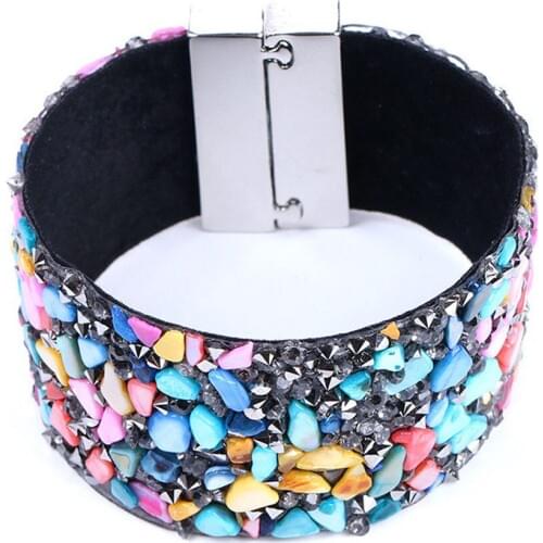 Wholesale 3pcs Natural Gravel Shell Wide Type Punk Rock Bracelet Magnetic Buckle Fashion Female Personality Twine Bracelet Row