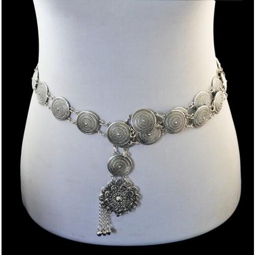 Gypsy Vintage Silver Color Flower Belts for Women Dress Dance Belt Wedding Party Body Jewelry Metal Chain Adjustable Bridal Gift