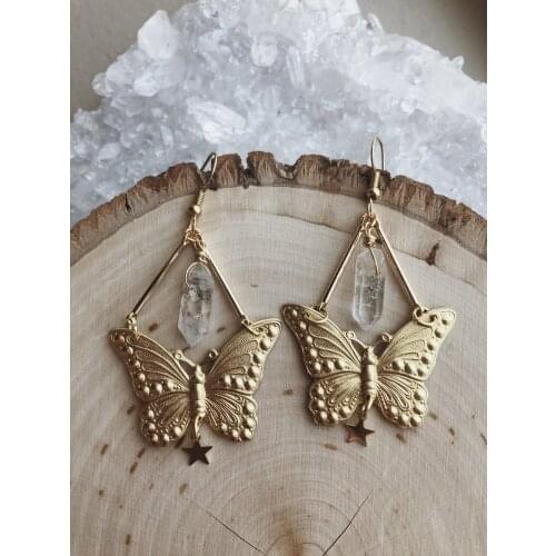 Butterfly Earrings Celestial Earrings Clear Quartz Earrings Star Earrings Witchy Gypsy Earring