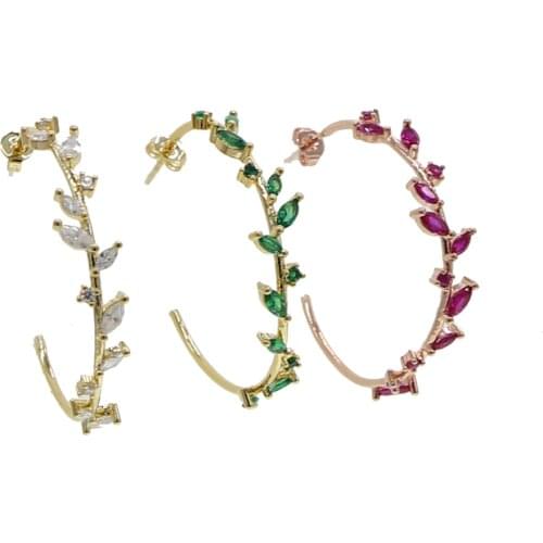 Gold filled red green white simple cz leaves circle hoop earring classic fashion jewelry thin trendy women christmas jewelry