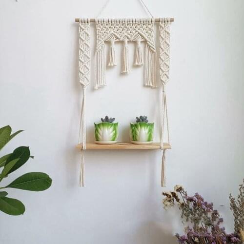 Hand-Woven Macrame Tapestries Rack Bohemian Decorative Shelves Wall Hanging Shelves Ornament Wooden Shelves for Wall