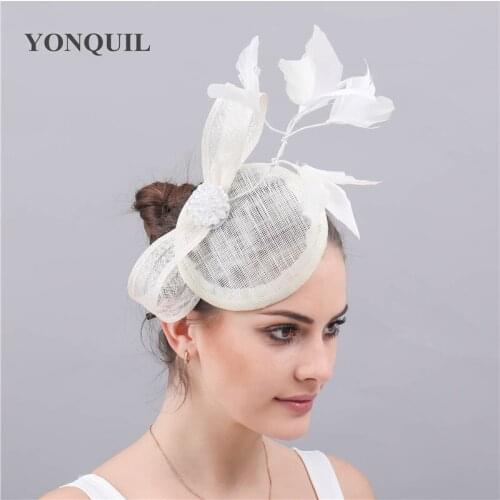 Vintage Sinamay Ivory Wedding Headwear Bride Women Fascinator Feather Hat Prom Party Dinner Headpiece Hair Pins Cocktail Race