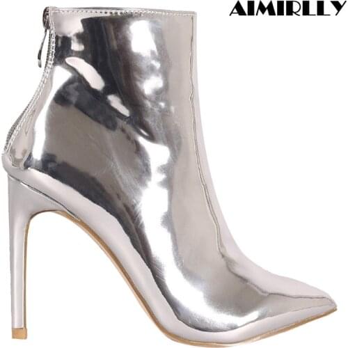 Womens Shoes Pointy Toe High Heel Ankle Boots Metallic Mirror Stilettos Booties Ladies Autumn Winter Clubwear Dress Shoes Zip
