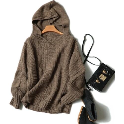 Thick twisted rope hooded Spring Autumn Winter Sport Style Causal warm pullover large size Women 100% cashmere sweater 770g