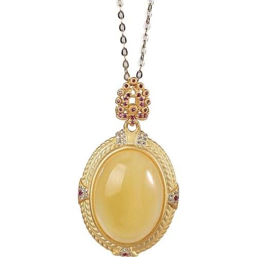 S925 sterling silver gold-plated natural amber wax pendant graceful personality wheat pattern womens pendant
