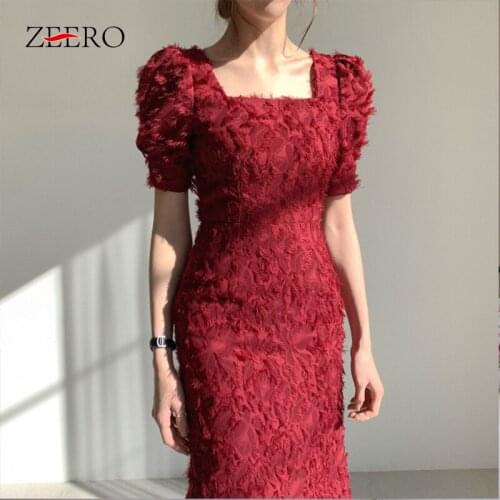 Summer Korean Puff Sleeve Feathers Square Neck Women Bodycon Midi Dress Elegant Women Vintage Black Sexy Party Dresses Vestidos