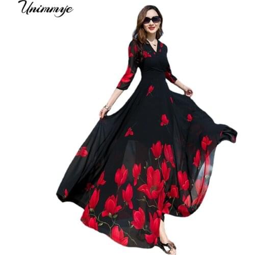 2020 New Summer Women Black Sexy V Neck Chiffon Flower Print Long Dress Female Boho Beach Slim Fashion Dresses Vestitos W175