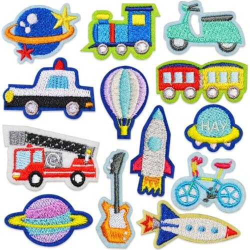 100pcs/lot Sticker Embroidery Patch Clothing Car Train Vehicle Flying Saucer Balloon Bicycle Fire Truck Kid Clothing Decoration