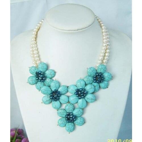 2017 Top Fashion New Collier Necklaces & Pendants Maxi Necklace Fashion Jewelry, Handmade 5 Turquoises Flower Choker Necklace