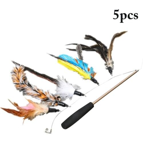 5Pcs/Set Colorful Pet Cats Kitten Teaser Wand Bell Feather Replacement Head Scratch Toys Stretchable Wand With Bell Play Toy