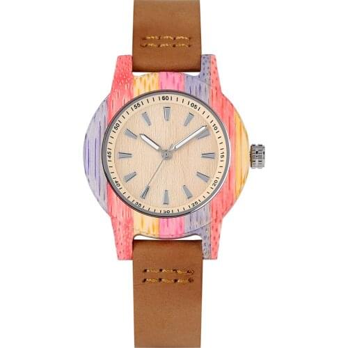 Bamboo Case Wooden Watch for Women Leather Strap Wooden Watches Luminous Pointers Dial Wooden Wristwatch