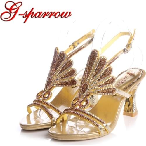 Handmade Chunky Heel Open Toe Sandals Summer Dress Shoes Fashion Rhinestone Birthday Party Shoes 3 Inches Heels Gold Color