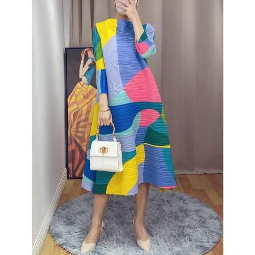 Changpleat 2021 Autumn New Women loose dress Miyak Pleated Large Size Color contrast Dresses