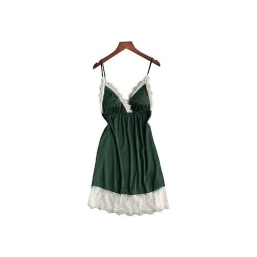 Daeyard Sexy Nightdress Silk V-neck Lace Sleepwear Lingerie Babydoll Nightgown Mini Sleeveless Women Sleepshirt With Chest Pads