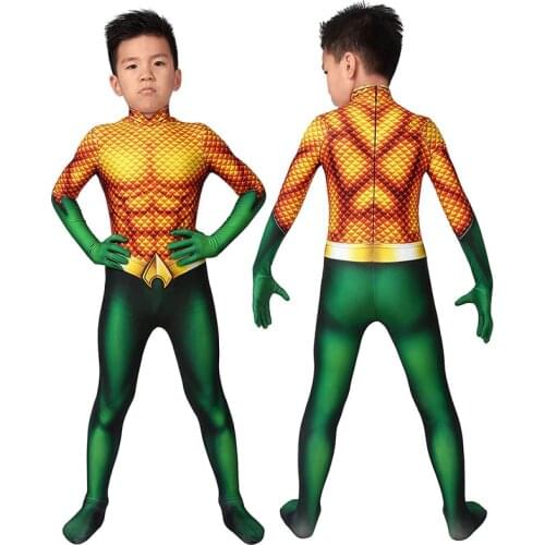 Kids Superhero Aquaman Arthur Curry Jumpsuit Cosplay Costume For Children Halloween Masquerade Printing Bodysuit