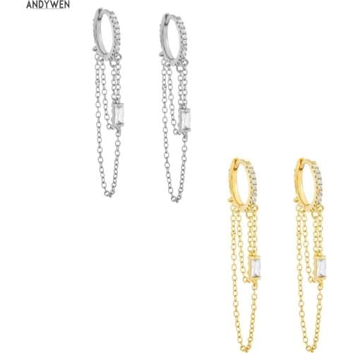 ANDYWEN 925 Sterling Silver Long Chain Hoops Line Crystal CZ Loops Circle Double Chain Round Piercing Women Luxury Jewelry