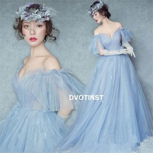 Dvotinst Women Photography Props Wedding Photo Dress Trailing Blue Travel Seascape Elegant Korean Dresses Accessories Photo Prop