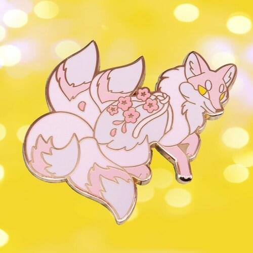 Four Tailed Flower Fox Kitsunes Pastel Sakura Enamel Brooch Pins Badge Lapel Pin Alloy Metal Fashion Jewelry Accessories Gifts