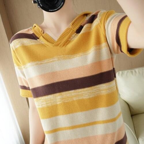 T-shirt women 2021 new cotton sweater short-sleeved casual striped knitwear plus size pullover ladies tops with hood collar tees