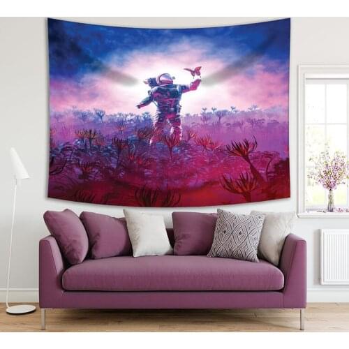 Tapestry Astronaut and Butterfly in Alien Landscape Sunrise Flowers Foggy Morning View Illustration Pink Blue