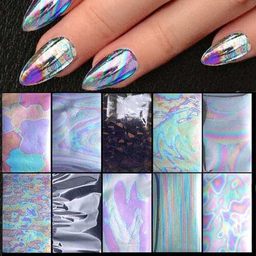 10Pcs Holographics Mirror Laser Effect Nail Foil Transfer Stickers DIY Nail Art Decals Decor Nail Art Decoration Design for Nail