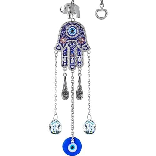 H&D Hanging Crystal Suncatcher Ornament with Turkish Blue Evil Eye Hamsa Hand Amulet Charms Rainbow Maker Home Garden Decor Gift