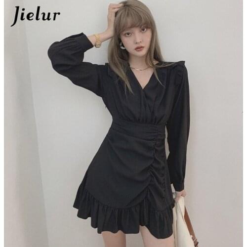 Jielur Spring Woman Dress 2021 Fashion Pleated High Waist Dresses Office Lady Street Casual Sexy Black White Mini Dress Vestidos