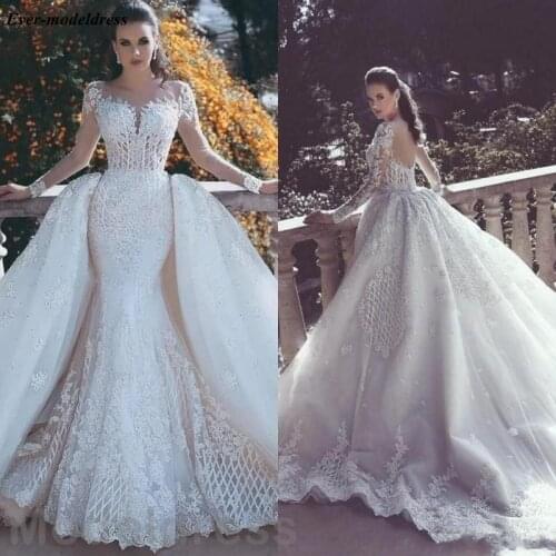 Mermaid Lace Wedding Dress Overskirt Appliques Backless Illusion Sleeve Sweep Train Wedding Gowns For Bride vestidos de novia