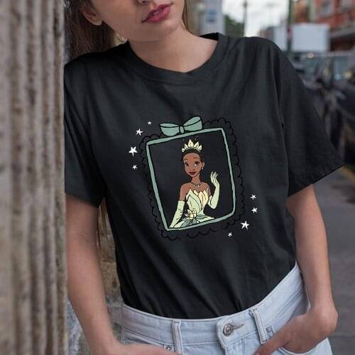 Disney Summer New Product Women T-shirt Outdoor Casual Short Sleeve Tiana The Princess Cartoon Pattern Color T Shirt Female Top
