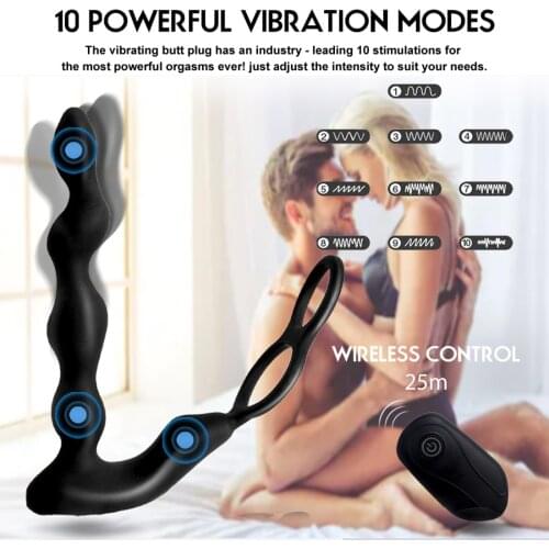 Prostate Massager & Butt Plug Vibrating 10-mode, Waterproof Silicone Cock Ring Vibrator Remote Control& Anal Vibrator