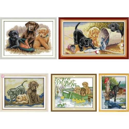 Joy Sunday Counted Cross Stitch Kit Stamped Pattern 14CT 11CT Printed Three Dogs Needlpoint Home Decor Embroidery Needlework Set