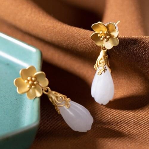 Natural retro mosaic 925sterling silver gilded gold-plated hetian jade jasper earrings long magnolia flower women jade earrings