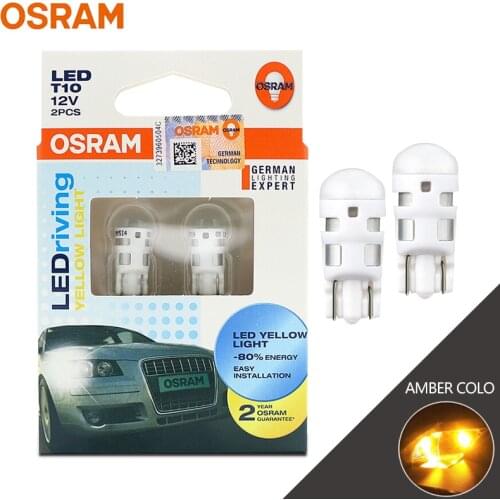 OSRAM T10 LED Car Turn Signal Light Yellow Auto Bulb Interior Amber Color Lamp Standard Retrofit 12V 1W 2880YE (Pair)