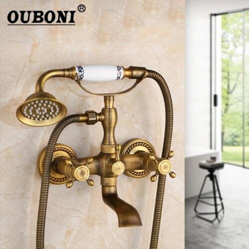 OUBONI Bathroom Bathtub Black & Antique Brass Rainfall Stream Spout Tap Rain Shower Head Faucet Shower Set Hot Cold Mixer Faucet