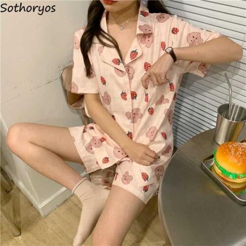 Women Pajama Sets Cartoon Printed Lovely Ulzzang Short Sleeve Turn-down Collar Single Breasted Fashion Loose Casual Teens Cozy