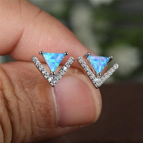 Geometric Small Triangle Stone Earrings White Blue Opal Stud Earrings Vintage Rose Gold Silver Color Wedding Earrings For Women