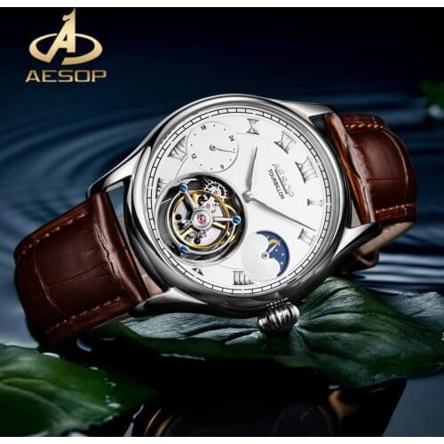 AESOP Genuine Leather Starp Waterproof Watch Real Tourbillon Mechanical Mens Watch Moon Phase Multifunction Men Watch