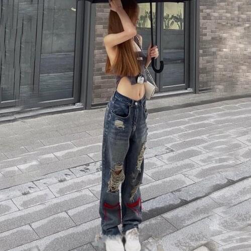 Hole trend girl denim straight leg pants women hiphop high street retro Y2K hot girl high waist loose wide leg pants jeans women