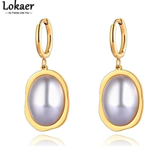 Lokaer Trendy 18K Gold Stainless Steel Oval Geometric Hoop Earrings For Women Original Design White Pearl Party Jewelry E21124