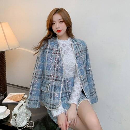 New 2021 High Quality Women Autumn Winter 3 Piece Sets Lady Fashion Elegant Plaid Coat Skirt Tops Three-piece Suit Tweed Sets