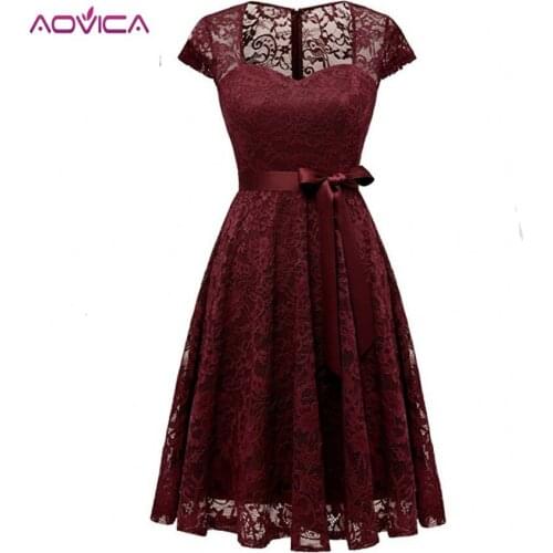 Aovica Summer Lace Dress Work Casual Slim Fashion V-neck Sexy Hollow Out Black Red Dresses Women A-line Vintage Vestidos