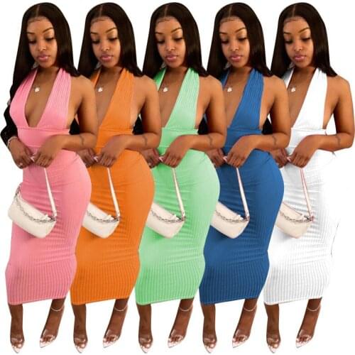 MCK-A426 Womens Deep V Neck Sleeveless Bodycon Dress Backless Knit Ribbed Slim Fit Ruched Stretchy Party Club Midi Dress