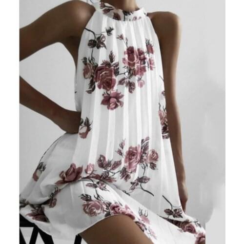 Dresses for women 2021 Floral Print Sleeveless Summer Women Retro Pleated Chiffon Dress for Beach Women clothes White xxxl