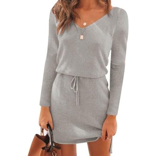 V Neck Women Sashes Long Sleeve Casual Dress Pink Black Gray Slit Mini Autumn Winter Knitted 2021 Warm Short Dresses