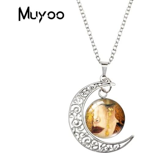 2020 New Golden Tears Moon Necklace Gustav Klimt Kiss Printed Oil Painting Pendant Glass Dome Pendants Jewelry